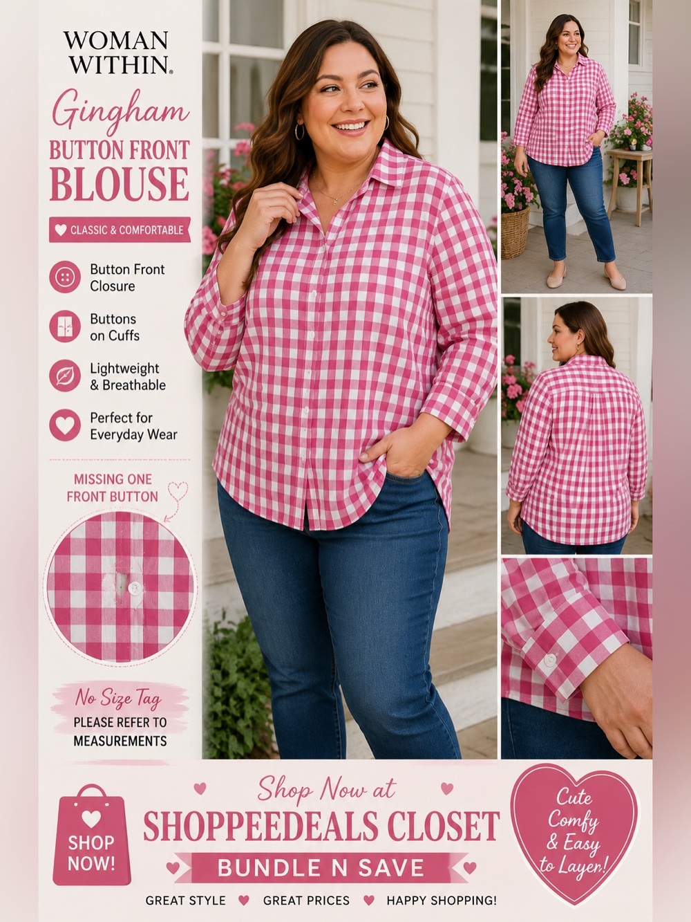 Woman Within Pink White Gingham Button Front Blouse Top